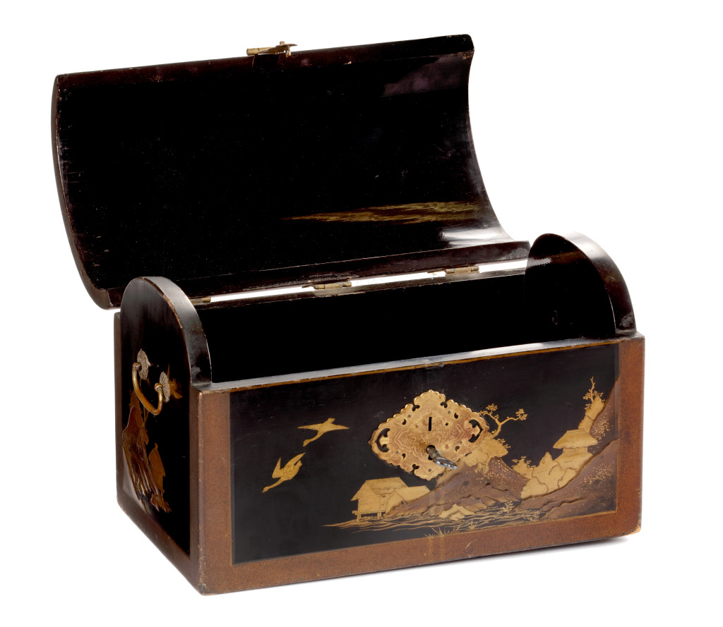 A fine Japanese export lacquer coffer in the pictorial style with gilt-copper mounts