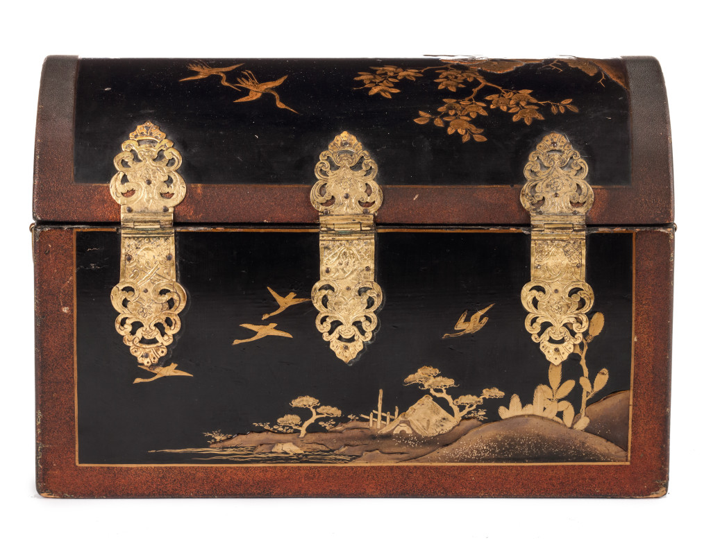 A fine Japanese export lacquer coffer in the pictorial style with gilt-copper mounts