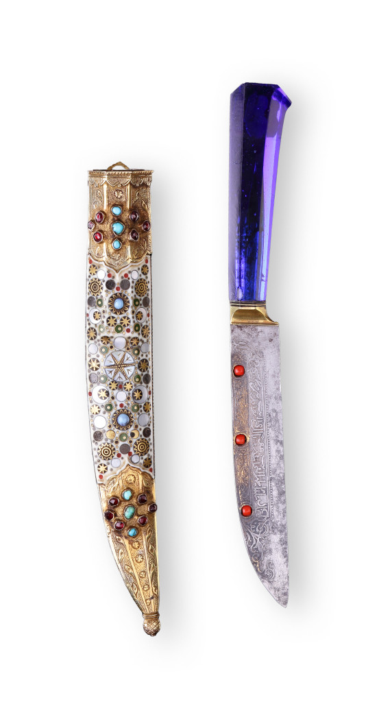 A superb inlaid walrus ivory and blue glass Ottoman knife