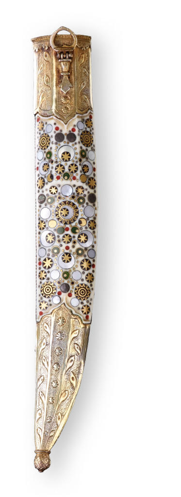 A superb inlaid walrus ivory and blue glass Ottoman knife