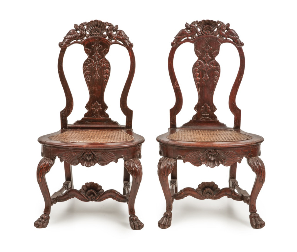 A pair of Dutch colonial Sri Lankan red lacquered high-back side chairs