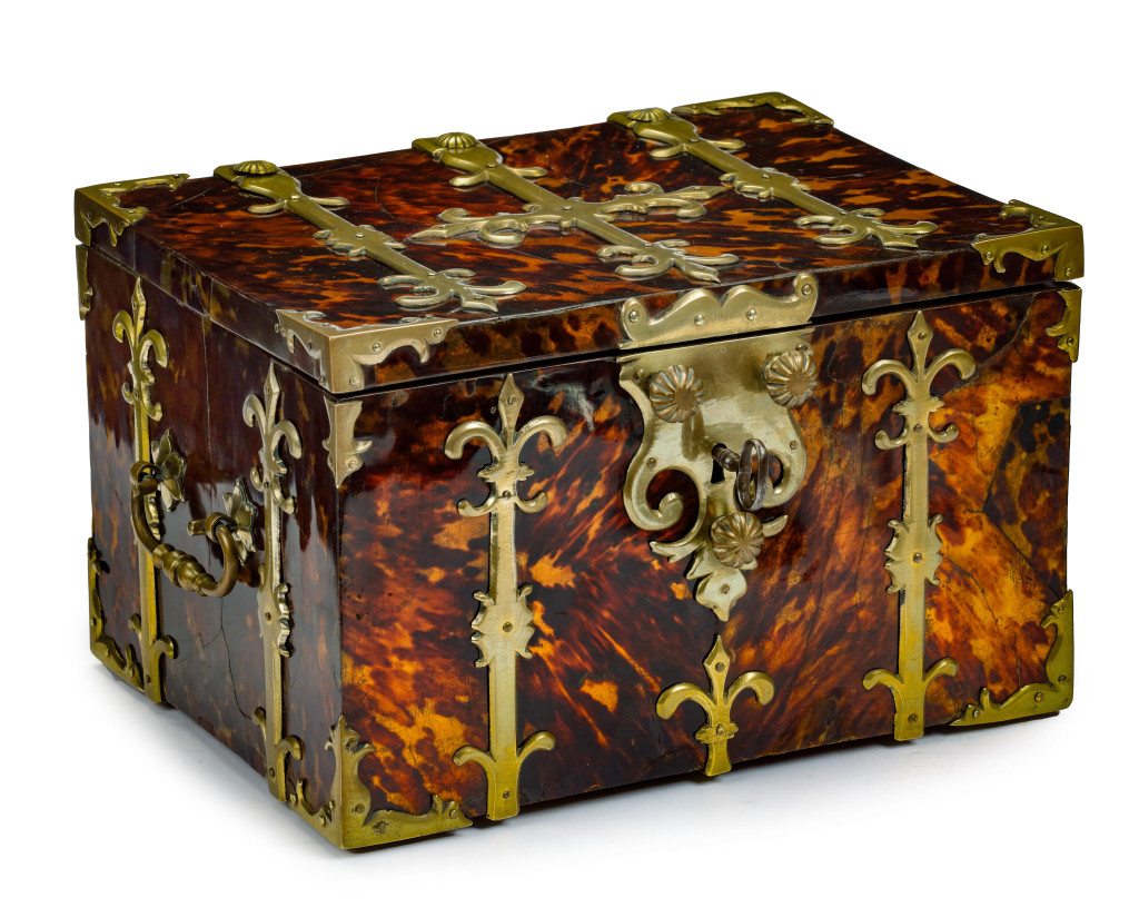 A tortoiseshell on gold veneered strongbox or coffre fort