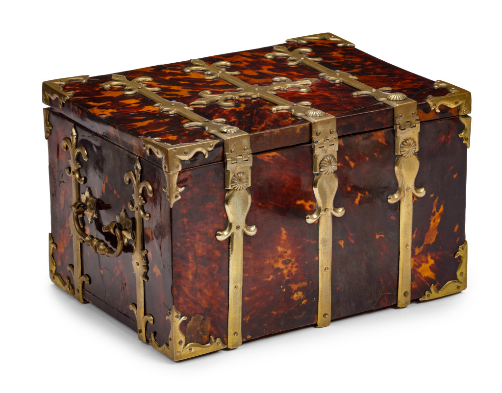 A tortoiseshell on gold veneered strongbox or coffre fort