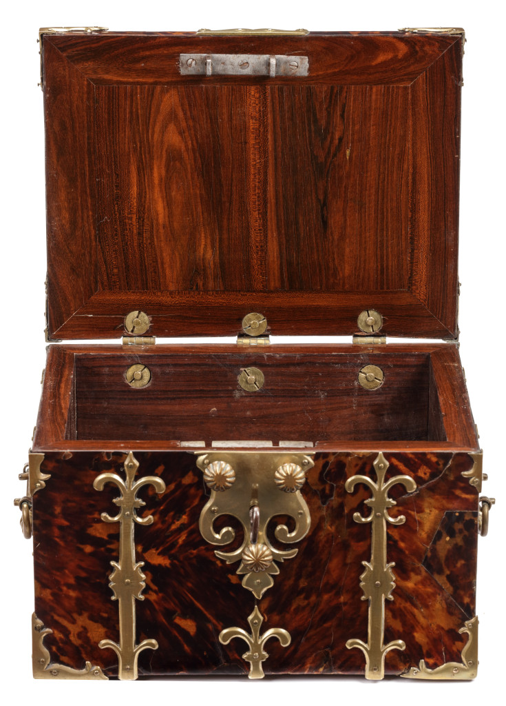A tortoiseshell on gold veneered strongbox or coffre fort