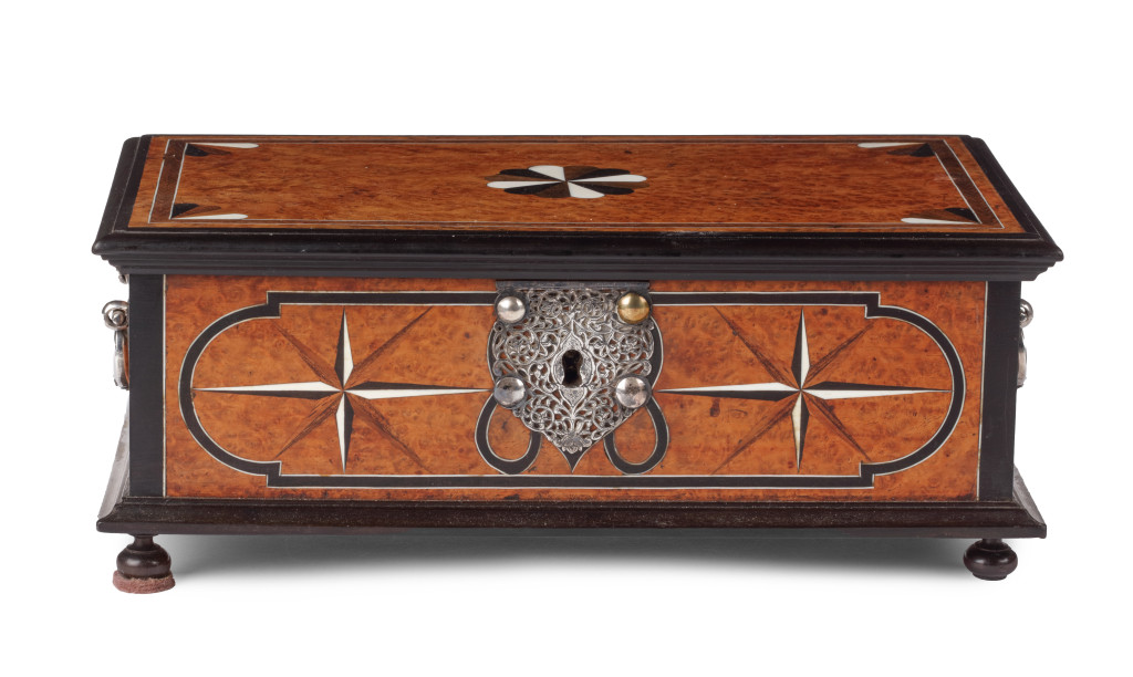 A highly refined Dutch-colonial Sri Lankan inlaid box with silver mounts