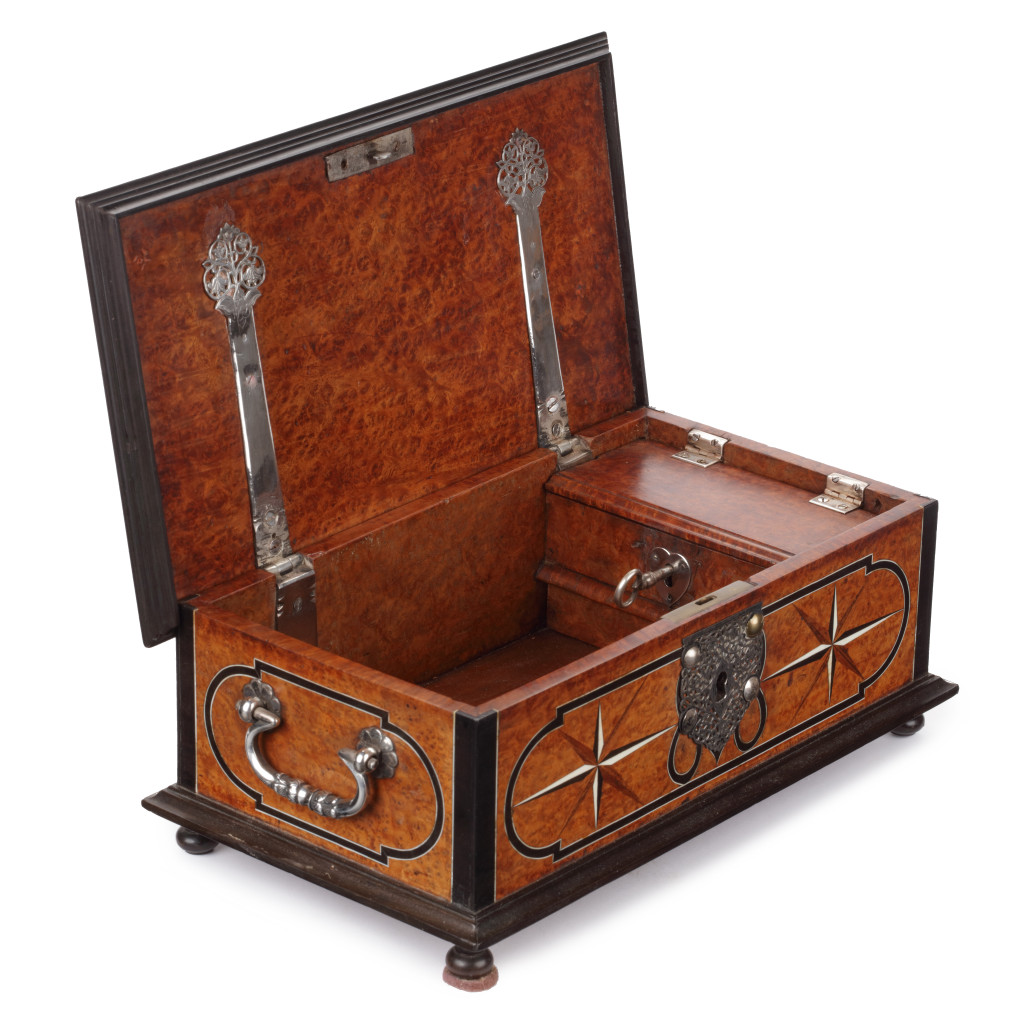A highly refined Dutch-colonial Sri Lankan inlaid box with silver mounts