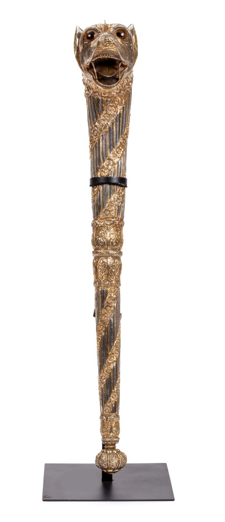 An Indian part-gilt silver-clad ceremonial sceptre or mace with a tiger’s head