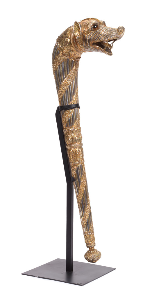 An Indian part-gilt silver-clad ceremonial sceptre or mace with a tiger’s head