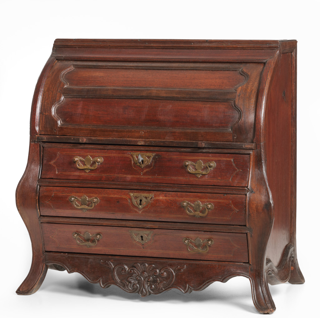 A Dutch-colonial Indonesian sapan and tamarind wood miniature tambour desk with brass mounts