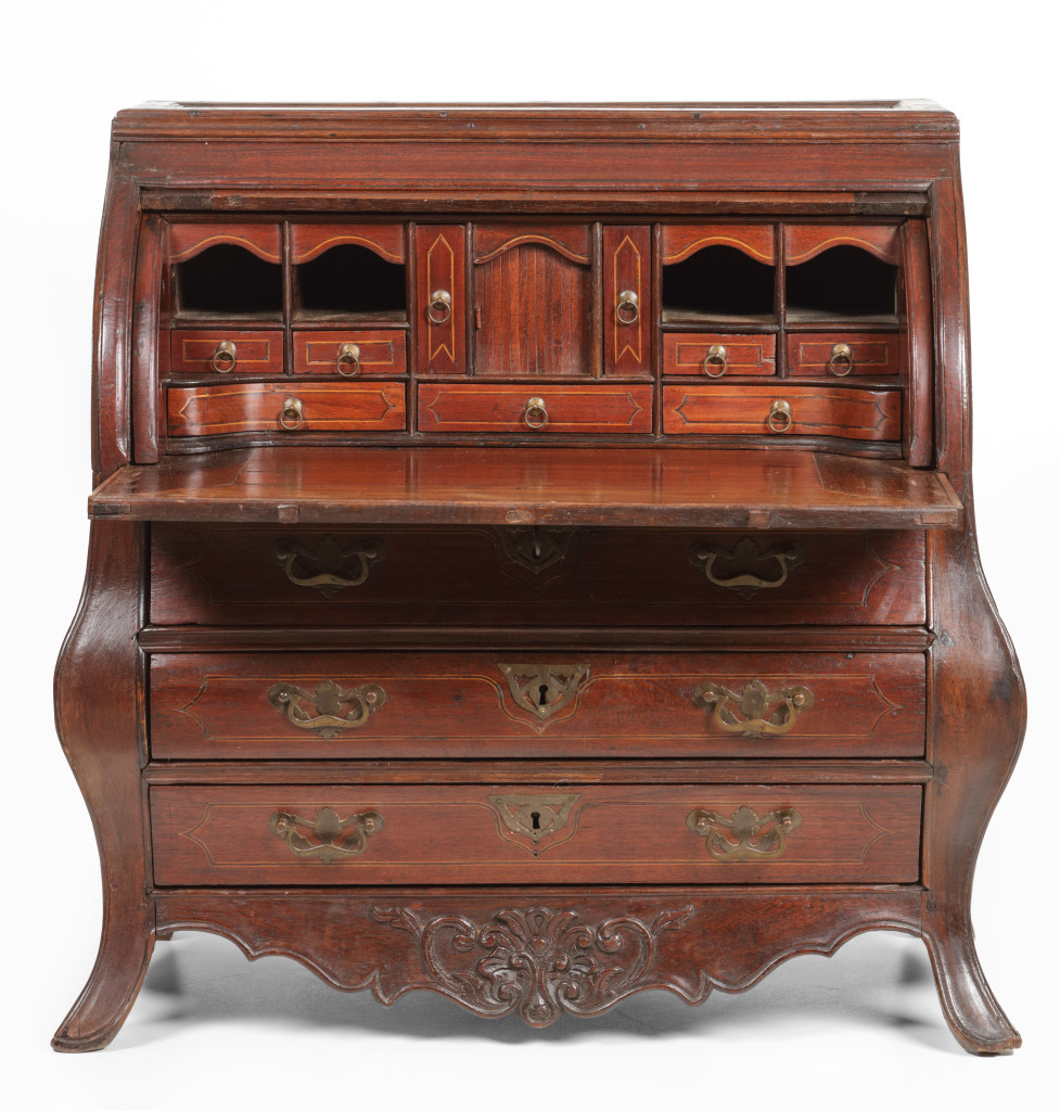 A Dutch-colonial Indonesian sapan and tamarind wood miniature tambour desk with brass mounts