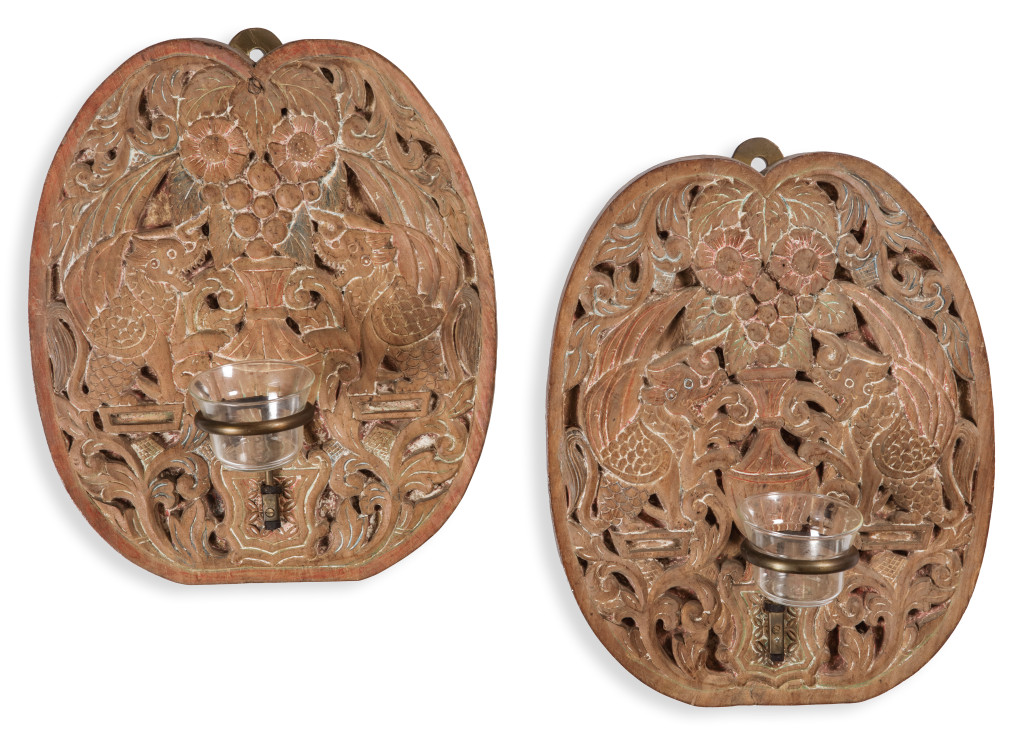 A pair of Indonesian djati wood wall lights