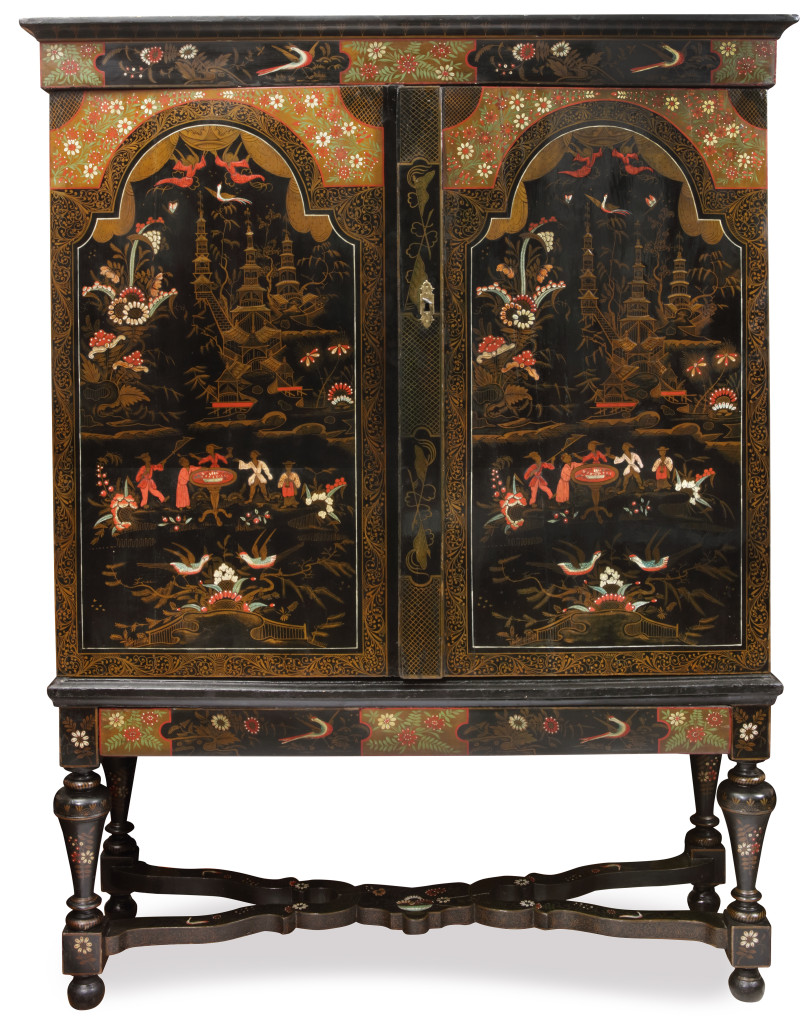 A unique Dutch lacquered Chinoiserie cabinet on stand