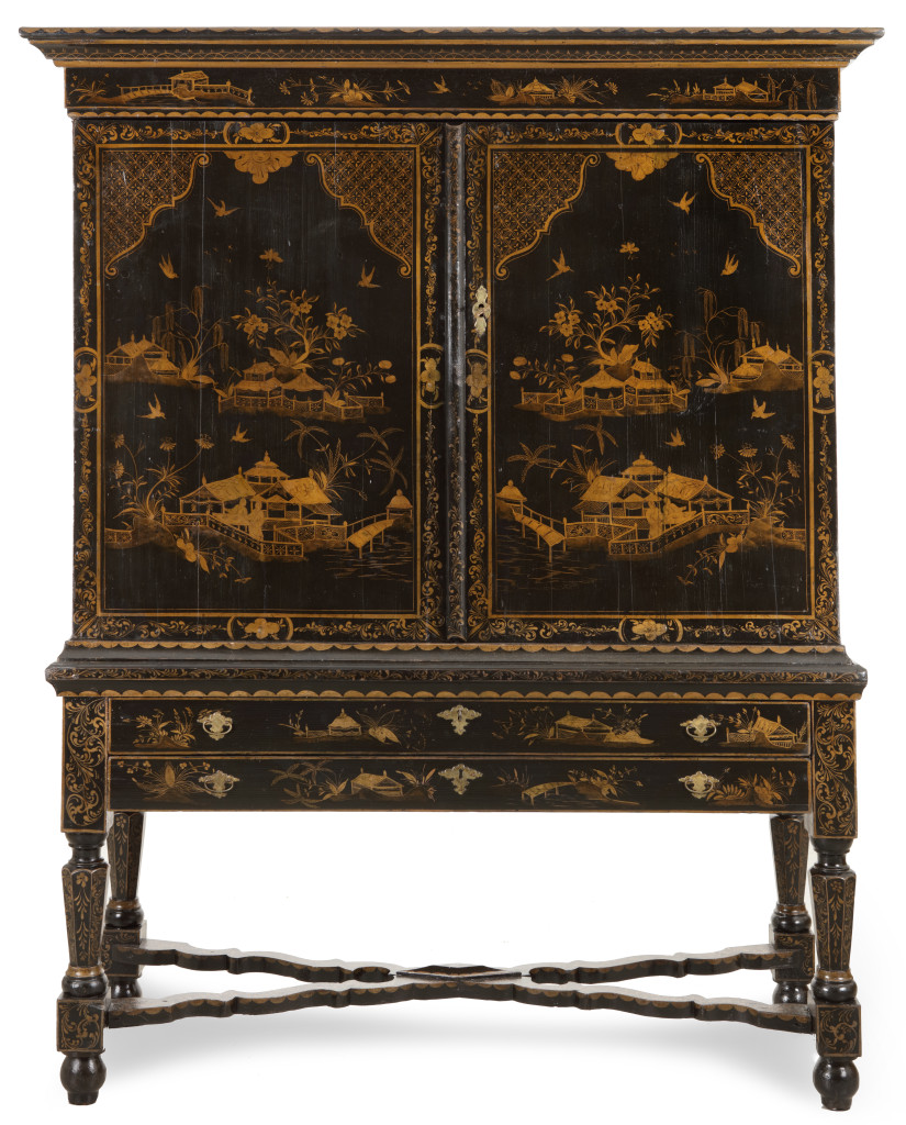 A Dutch lacquered cabinet on stand with chinoiserie decoration