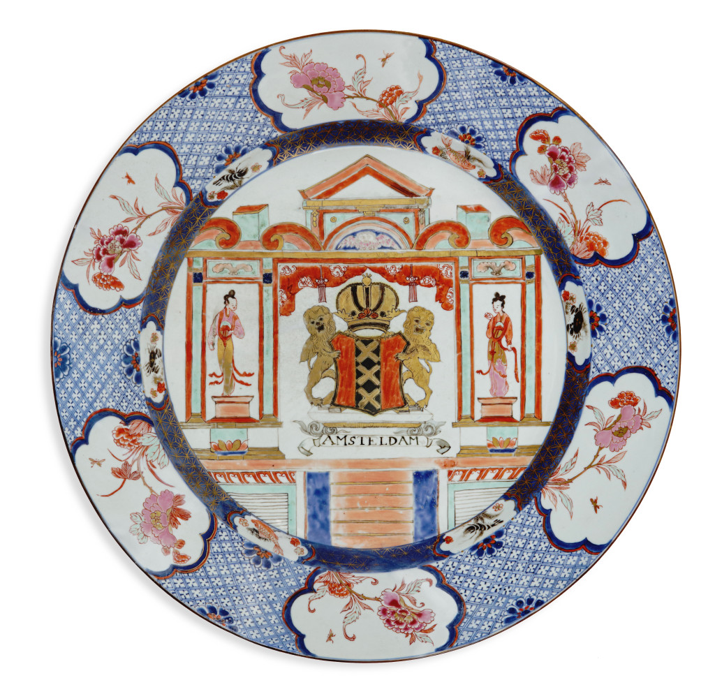 An extremely rare and large Chinese export famille rose armorial porcelain charger with  the Amsterdam coat-of-arms