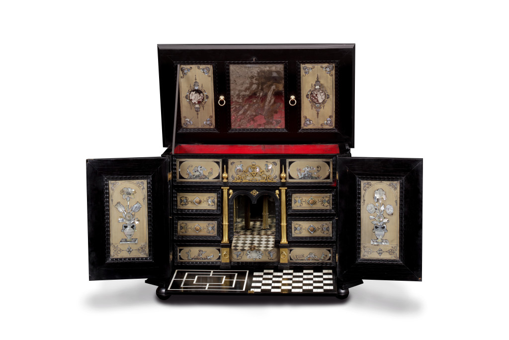 A fine ebony and pen-engraved mother-of-pearl and lacquer inlaid baleen collector's cabinet by or attributed to Herman Doomer (1595-1650) and Jean Bellekin (c. 1597-1635)
