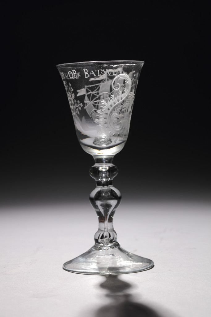 A rare glass with the engraving of an East-Indiaman and with text "WELLE KOM OP BATAVIA"