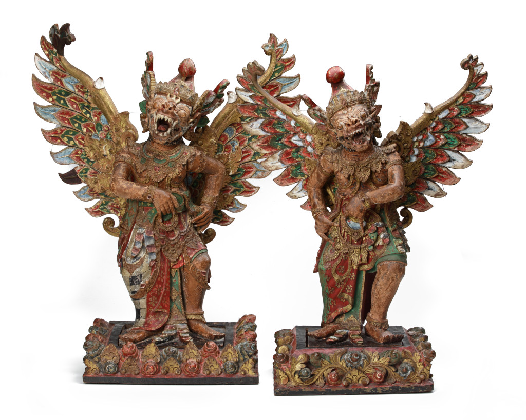 Two Balinese polychrome nangka wood sculptures depicting Sugriwa and Subali, the red monkey twins