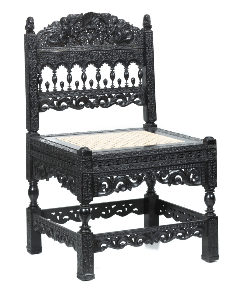 An extraordinary Indian ebony low chair formerly owned by the Dukes of Westminster