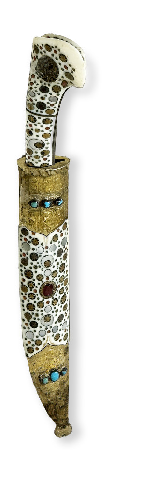 A superb inlaid walrus ivory and blue glass Ottoman knife