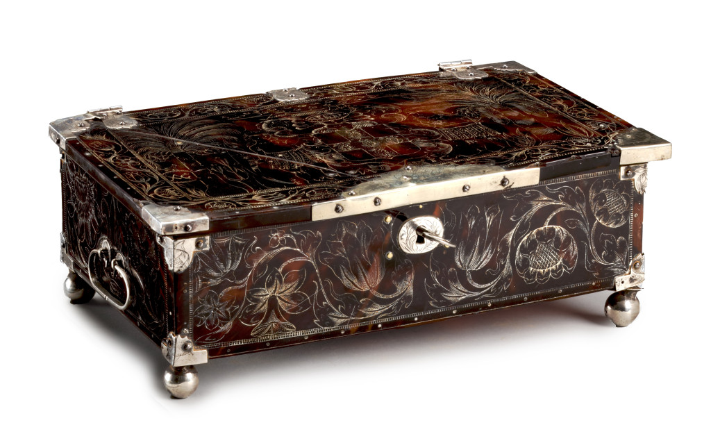 An exceptionally rare British-colonial Jamaican engraved tortoiseshell box with engraved silver mounts