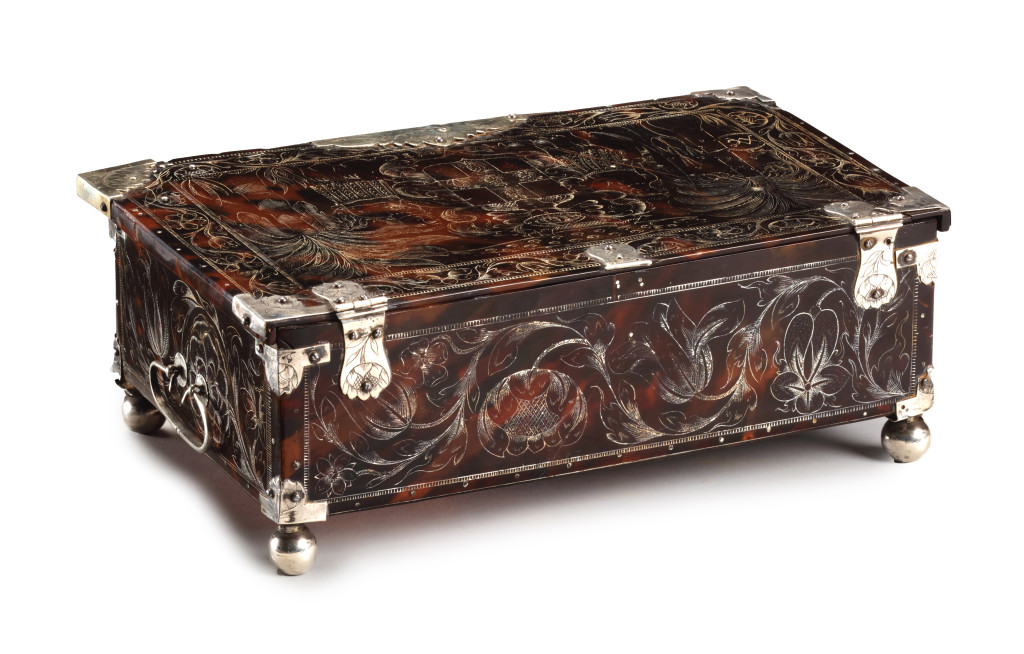An exceptionally rare British-colonial Jamaican engraved tortoiseshell box with engraved silver mounts