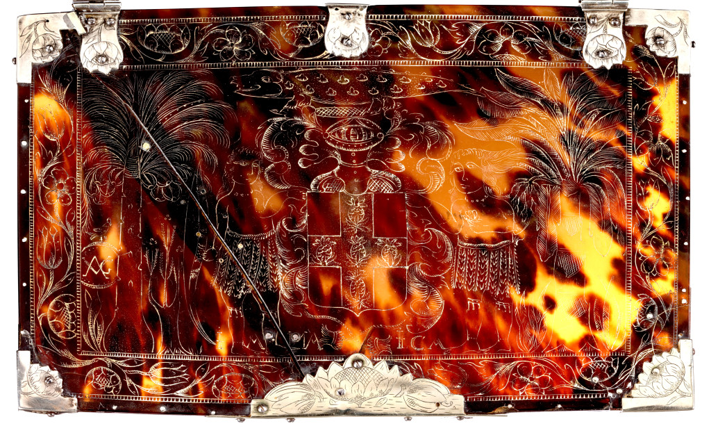 An exceptionally rare British-colonial Jamaican engraved tortoiseshell box with engraved silver mounts