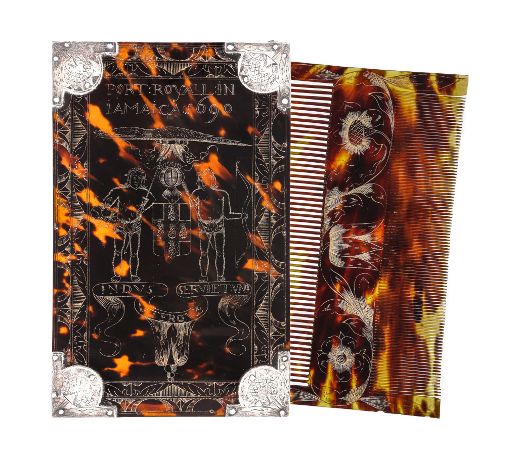 A British-colonial Jamaican engraved tortoiseshell comb-case with silver mounts and a comb