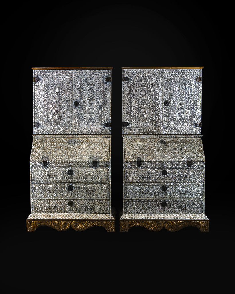 A magnificent pair of Spanish-colonial Viceregal Peruvian mother-of-pearl inlaid bureau-cabinets