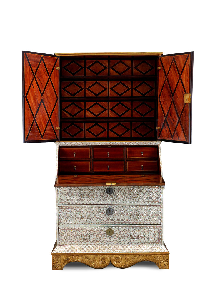A magnificent pair of Spanish-colonial Viceregal Peruvian mother-of-pearl inlaid bureau-cabinets