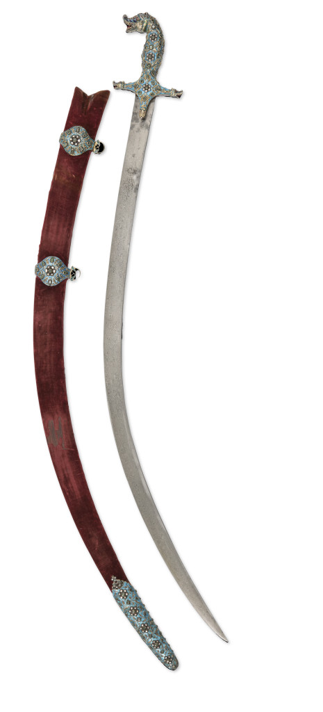 An exceptional Indian diamond, emerald, beryl and ruby inlaid enamelled silver and gold shamshir