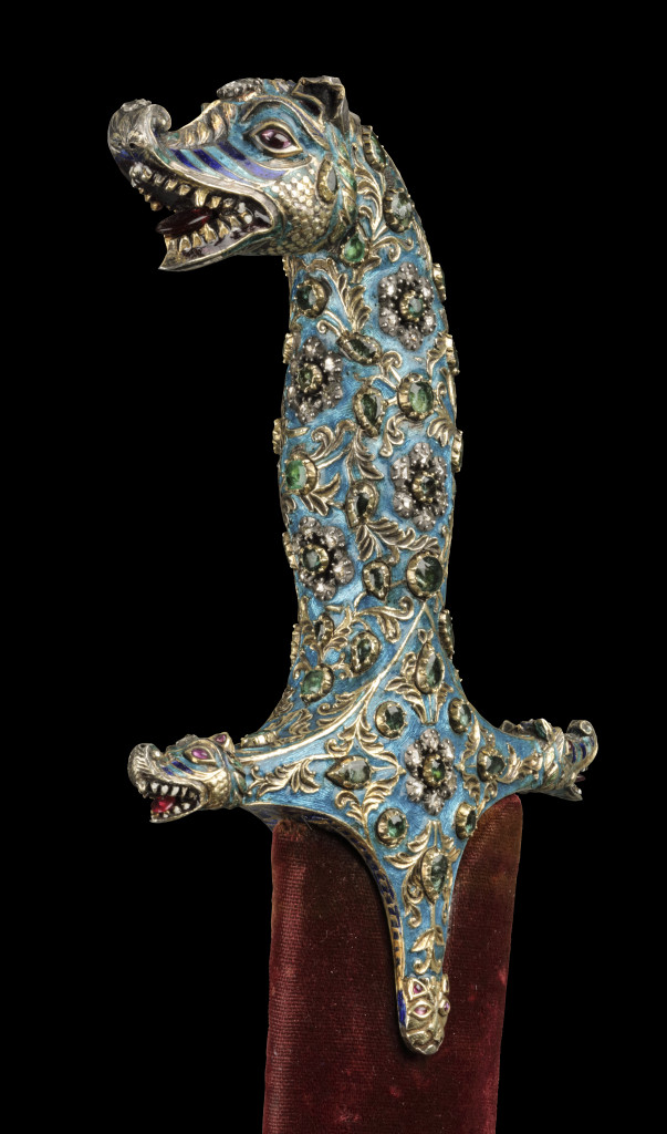 An exceptional Indian diamond, emerald, beryl and ruby inlaid enamelled silver and gold shamshir
