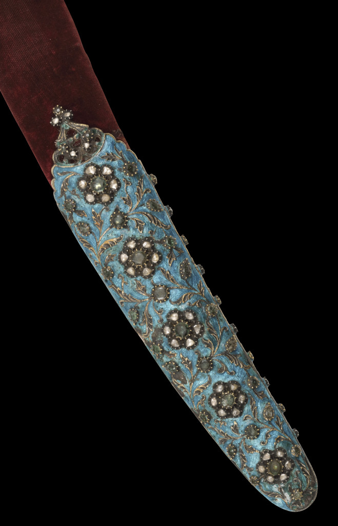 An exceptional Indian diamond, emerald, beryl and ruby inlaid enamelled silver and gold shamshir