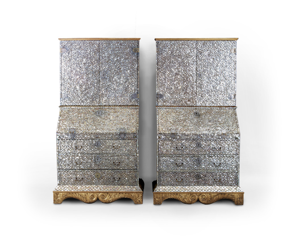 A magnificent pair of Spanish-colonial Viceregal Peruvian mother-of-pearl inlaid bureau-cabinets