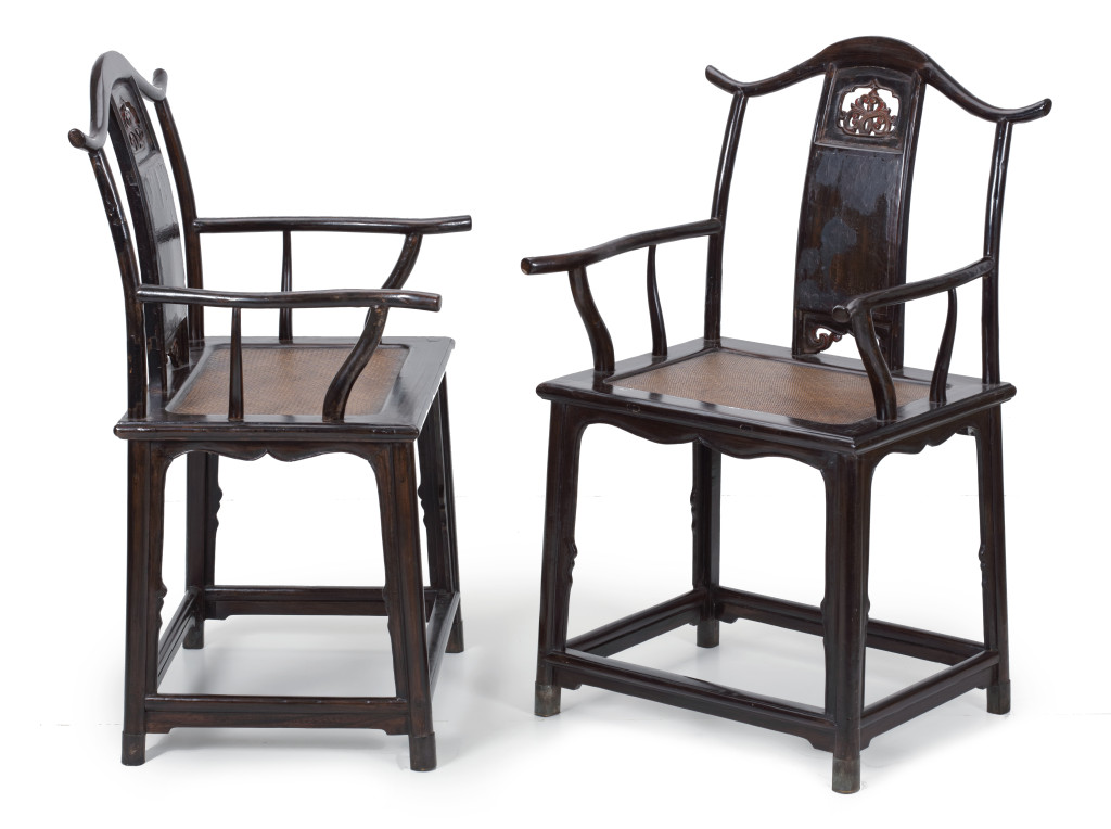 A pair of lacquered wood northern Chinese yoke-back chairs, Guan mao shi