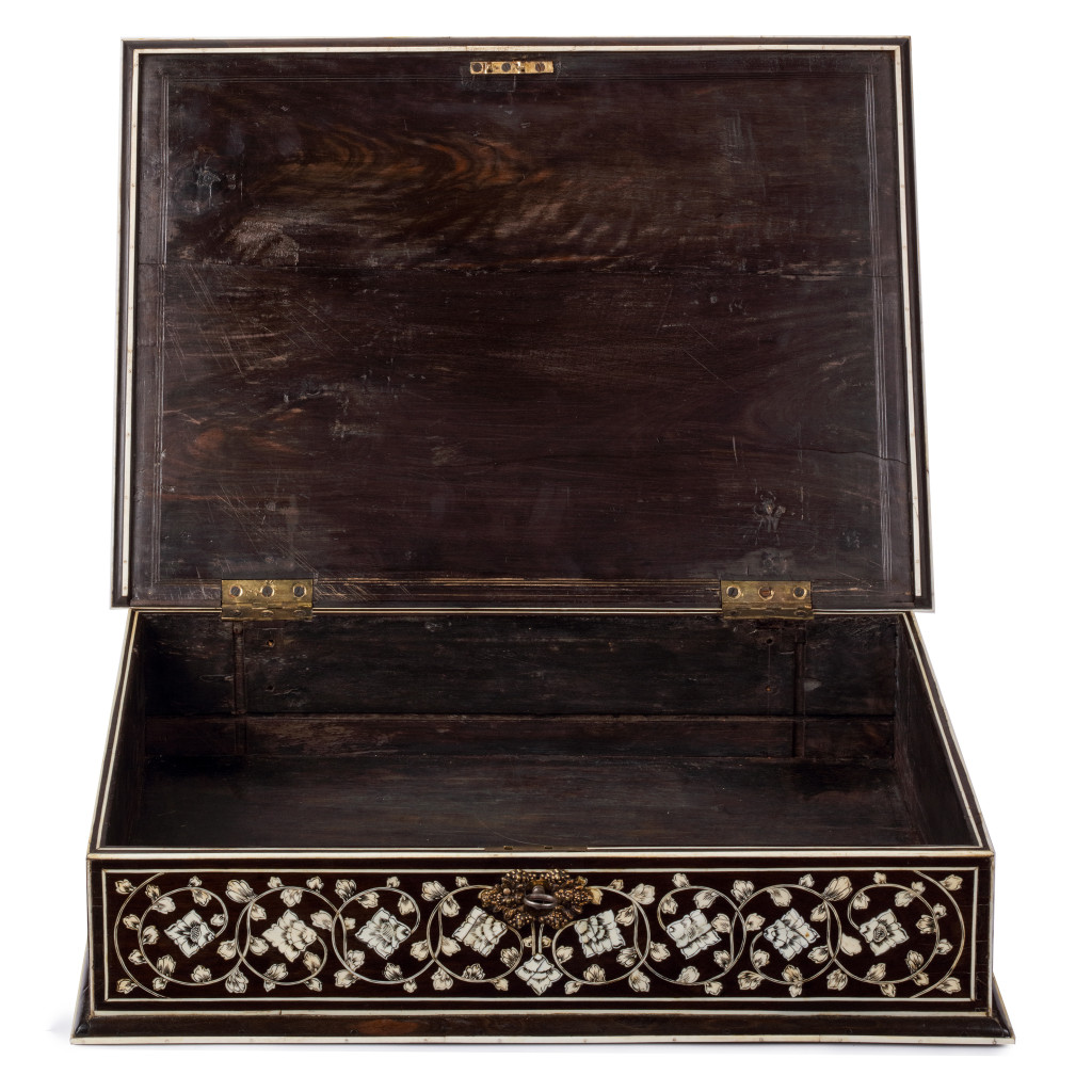 A large pen-engraved bone inlaid ebony document box