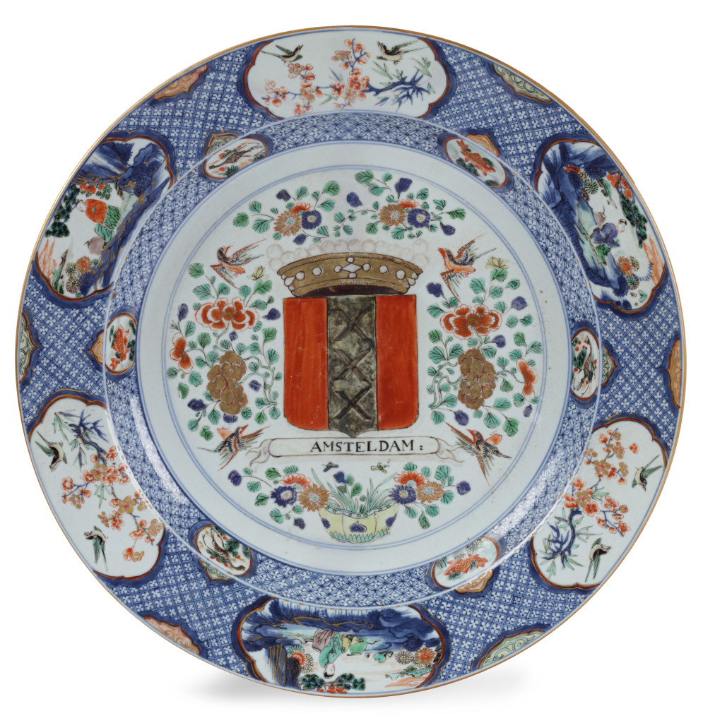 An extremely rare and large Chinese famille verte armorial dish with the Amsterdam coat-of-arms