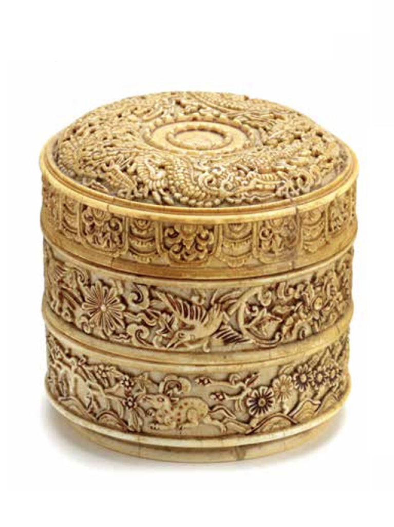 A rare ivory three-tier stacking box or ‘rantang’