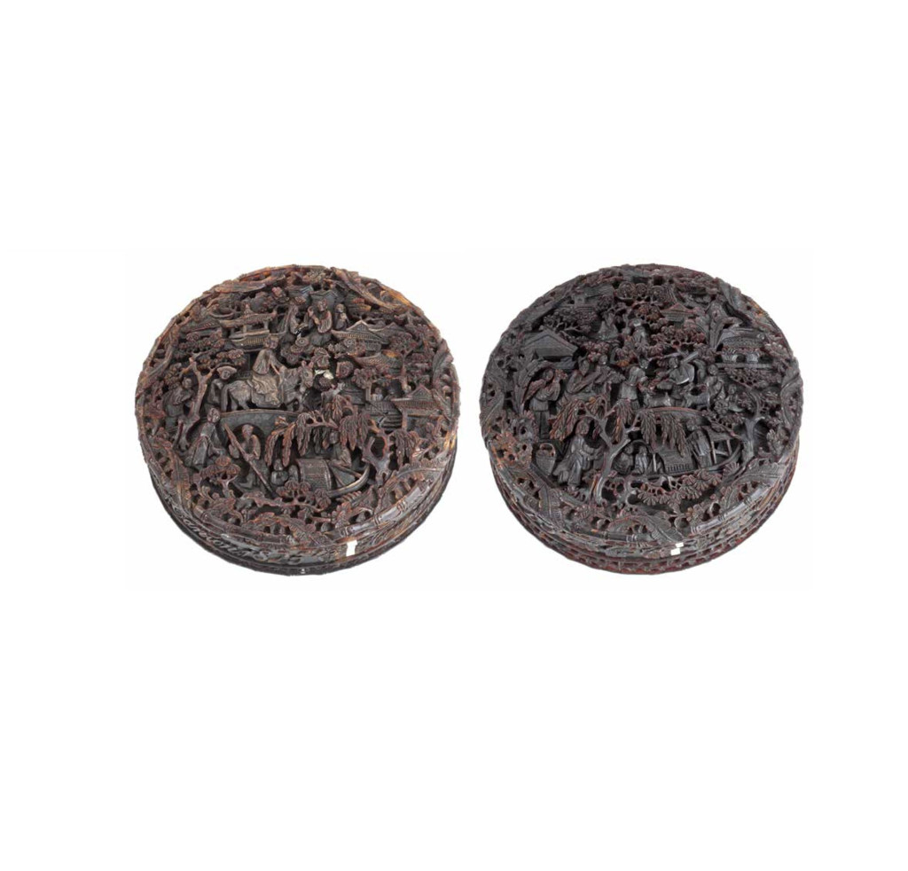 A pair of Chinese elaborately carved tortoiseshell round boxes