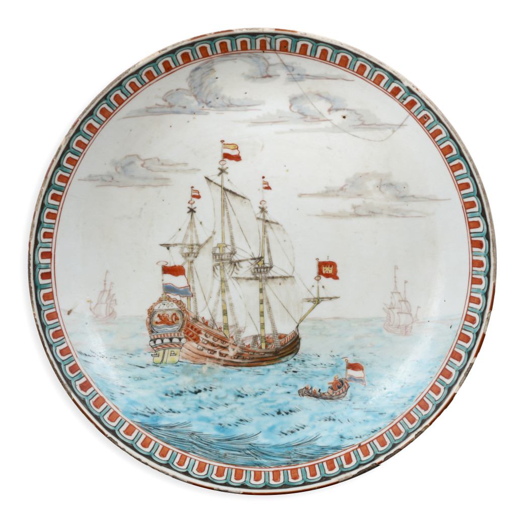A Chinese export porcelain dish with Dutch decoration of a VOC ship