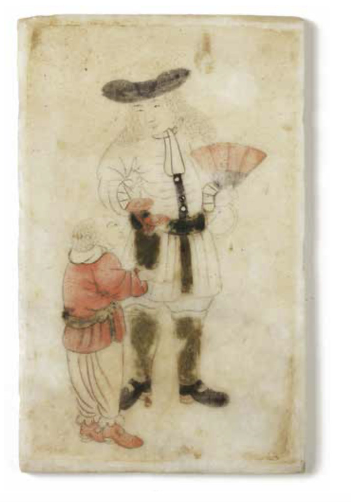 A pair of Chinese table screens with Dutchmen painted on marble
