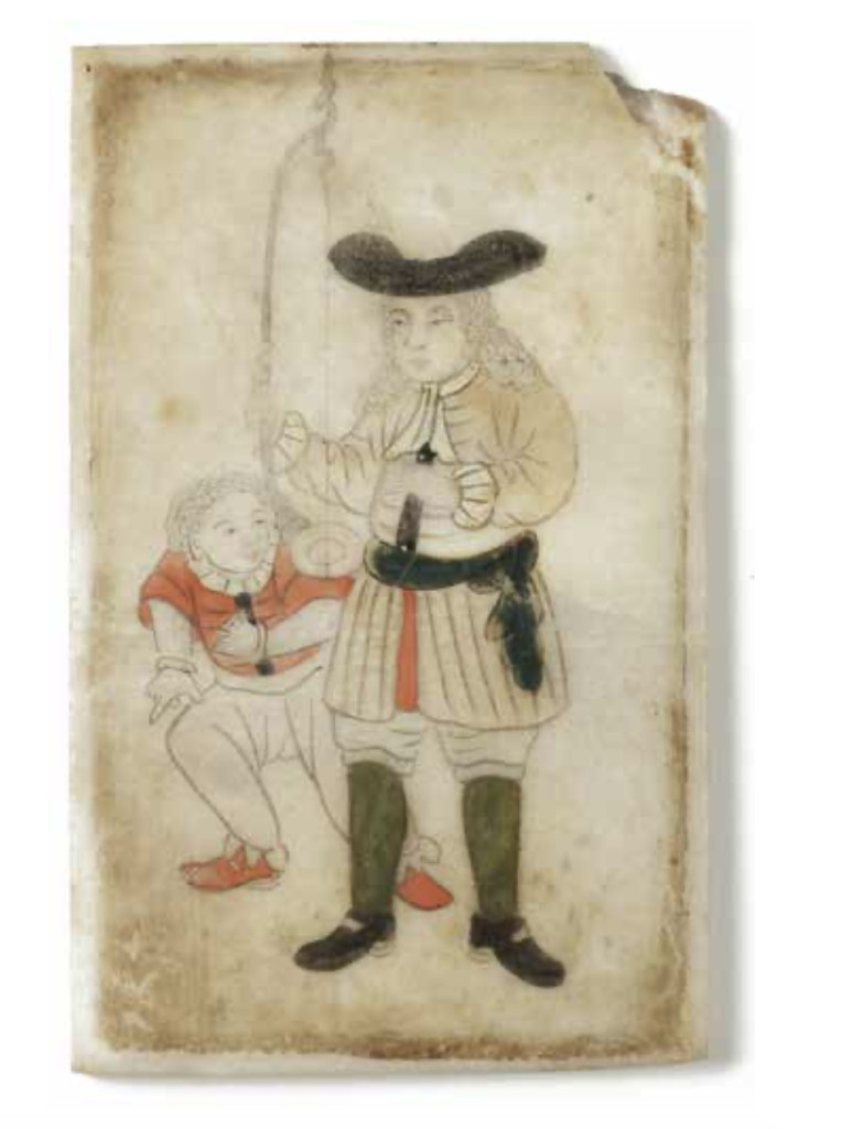 A pair of Chinese table screens with Dutchmen painted on marble