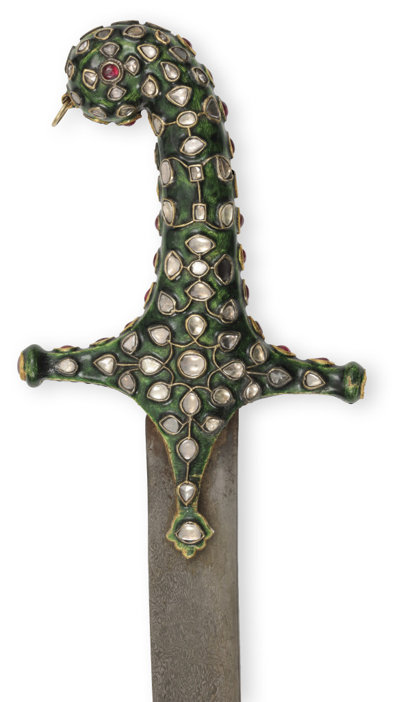 A superb Mughal green diamond-set gold enameled shamshir