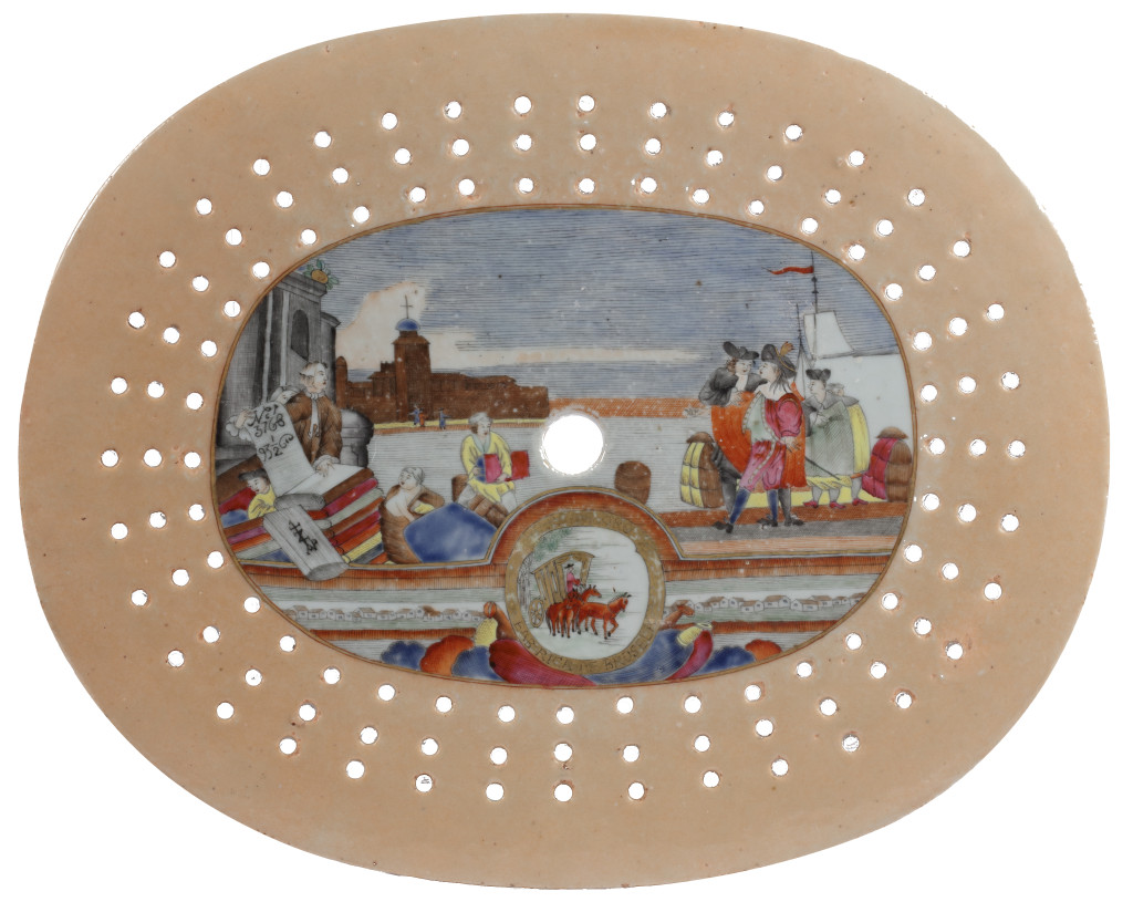 A rare oval Chinese export porcelain famille rose ‘Cloth traders’ drainer