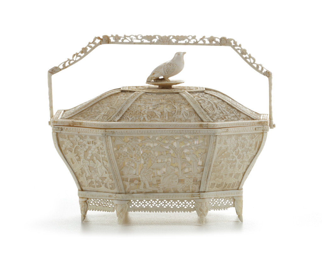 A highly refined Chinese Cantonese ivory openwork basket with lid