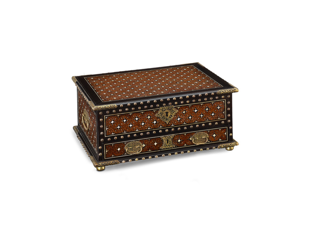 An Indo-Portuguese bone-inlaid ebony and teak writing box with gilt-brass mounts