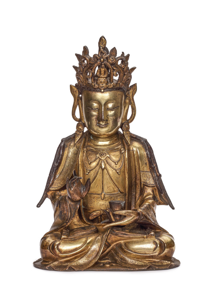 A large magnificently serene Chinese gilt-bronze sculpture of Guanyin