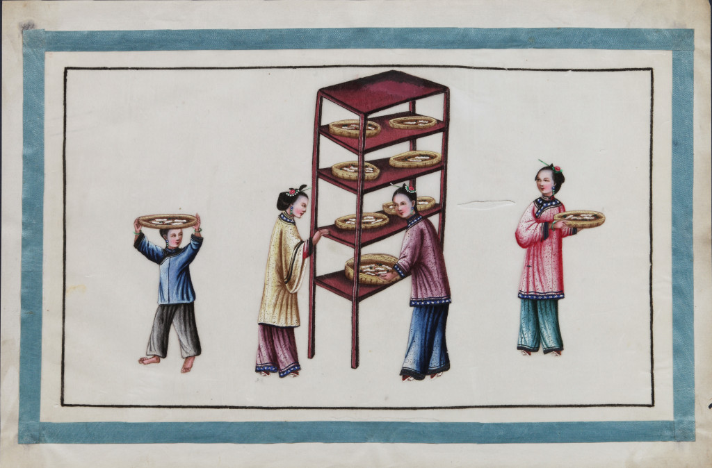 A series of twelve Chinese paintings in gouache on rice-paper depicting the silk production