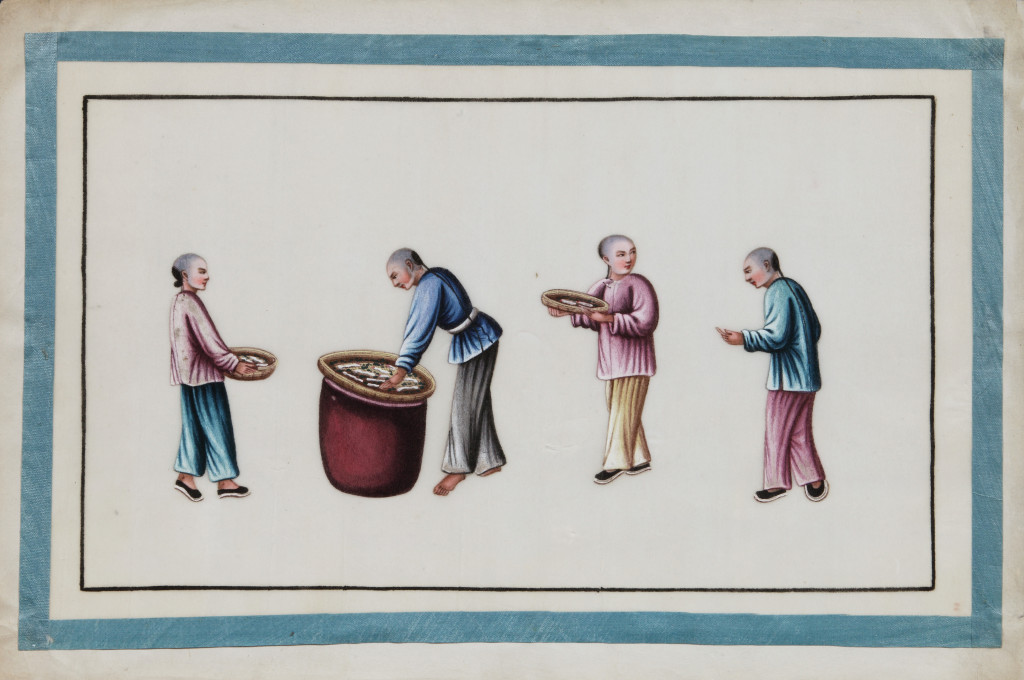 A series of twelve Chinese paintings in gouache on rice-paper depicting the silk production