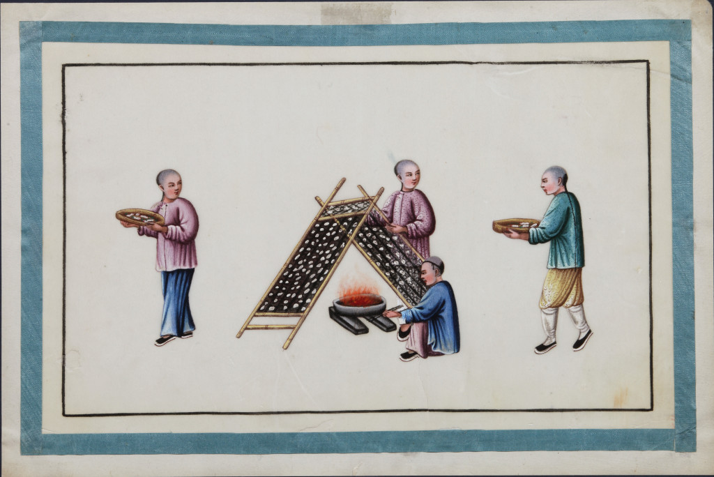 A series of twelve Chinese paintings in gouache on rice-paper depicting the silk production