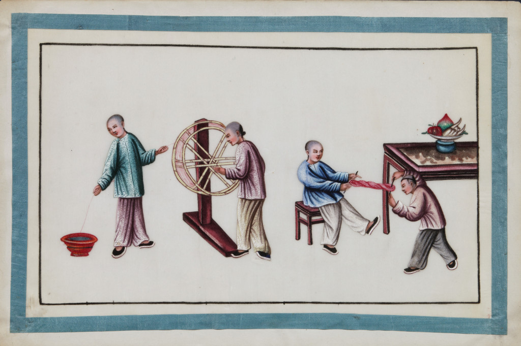 A series of twelve Chinese paintings in gouache on rice-paper depicting the silk production